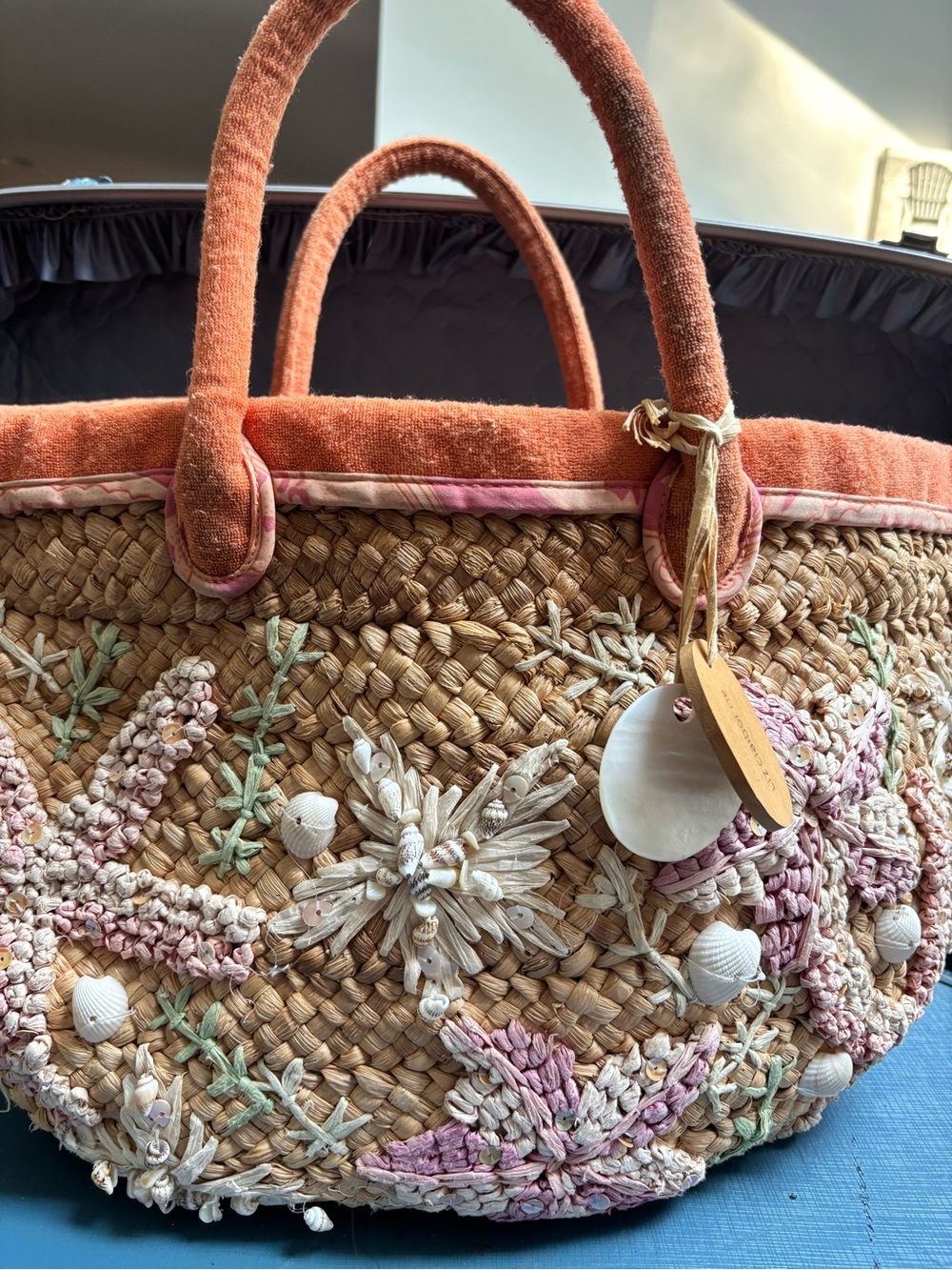 VTG Woven Straw Tote Bag with Coral Velvet Trim and Shell Embellishments